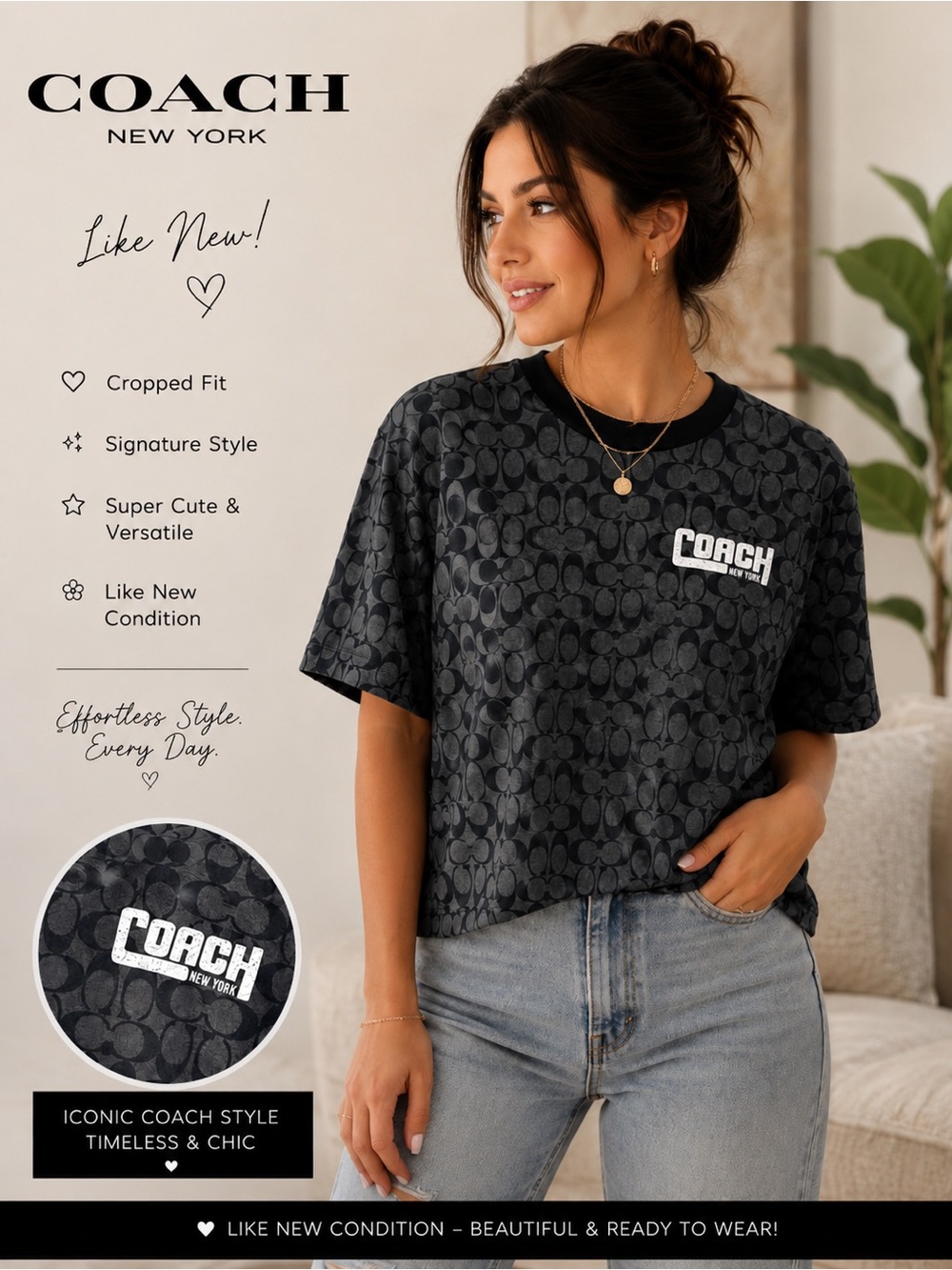 COACH Charcoal Gray Cropped Signature Logo Tee
